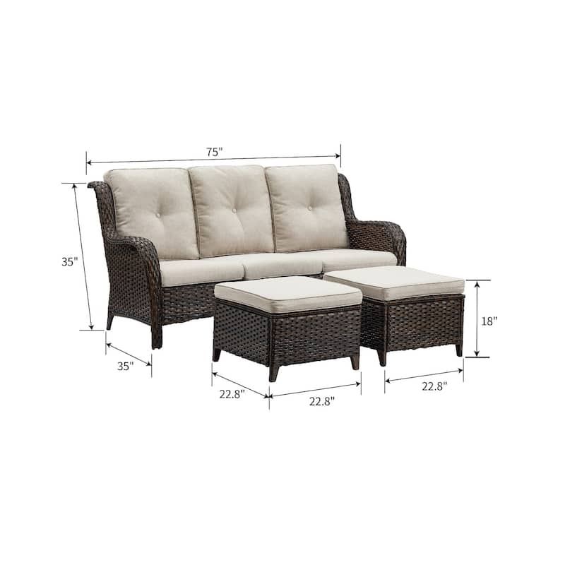 Pocassy 3-Piece Outdoor Wicker Sofa Set with Ottoman