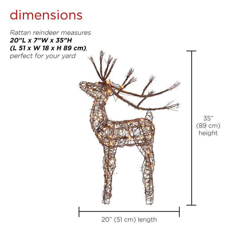 Alpine Corporation 35"H Outdoor Rattan Holiday Reindeer Lawn Decoration with White Lights , Christmas Decoration