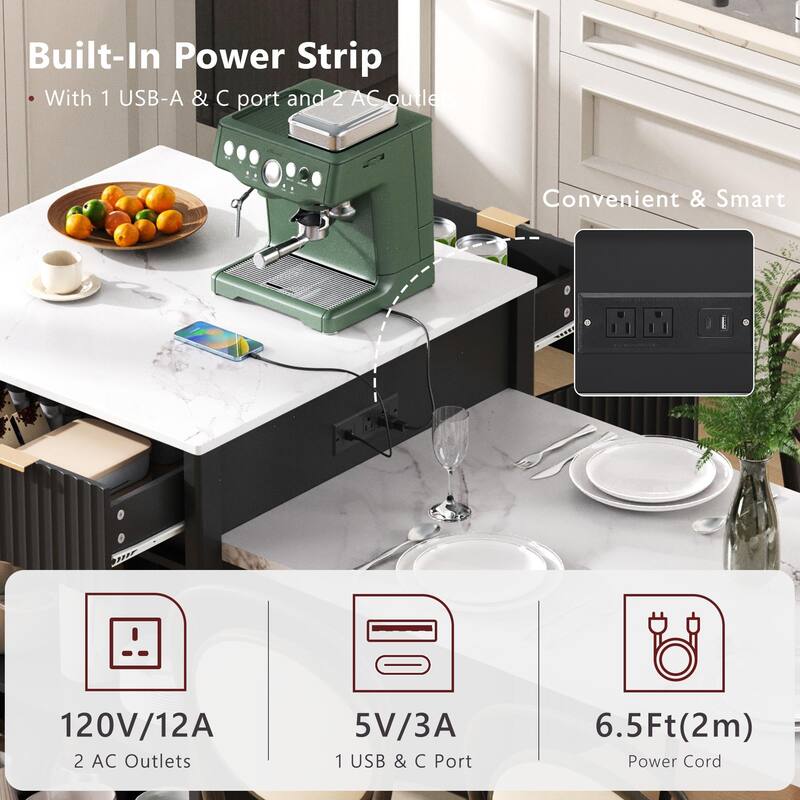 Roomfitters 82.6" Fluted Kitchen Island with 51" Extendable Dining Table for 4-6, Power Outlet