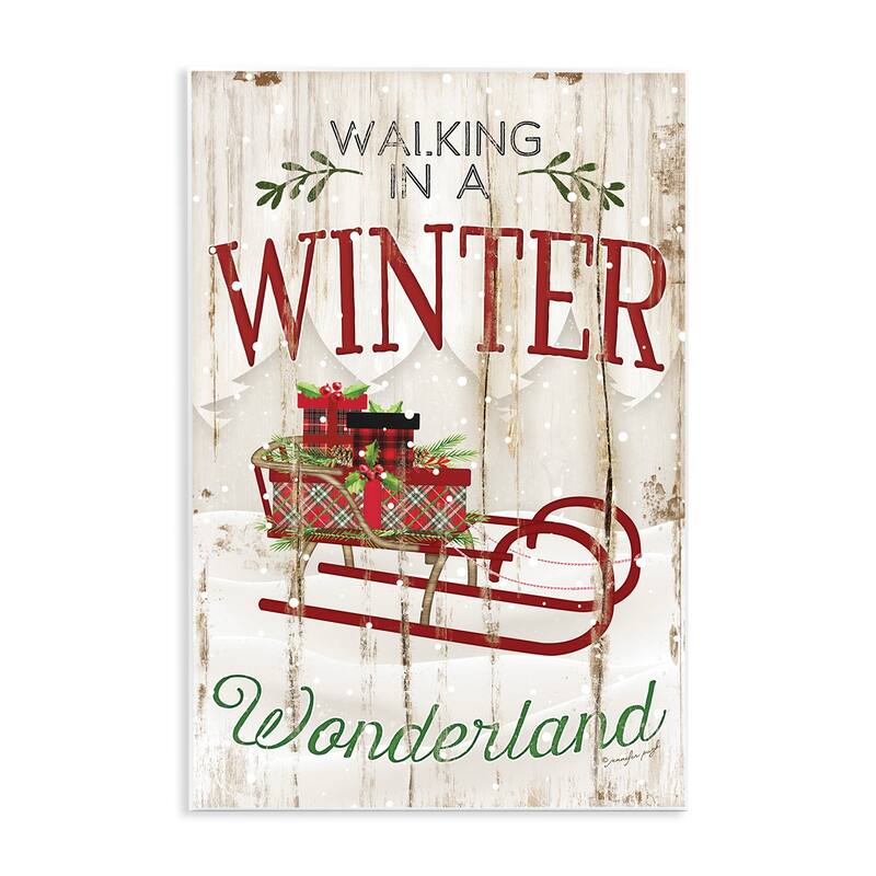 Stupell Winter Wonderland Red Sleigh Wood Texture Christmas Word Design Wood Wall Art, Proudly Made in USA