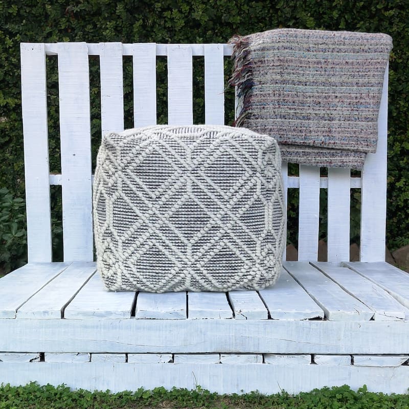 Loominaire handmade Addo wool, cotton natural fiber pouf footstool for living room bed room and family room (16"x16"x16")