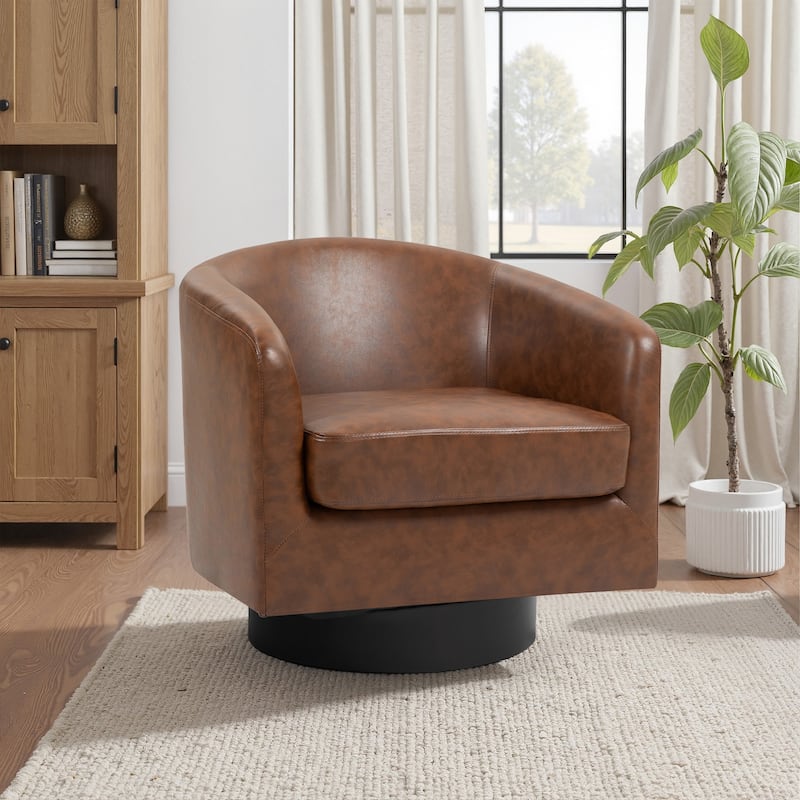 2 Set Modern Wide Round Swivel Accent Barrel Chairs - Faux Leather - P-Coffee-Single