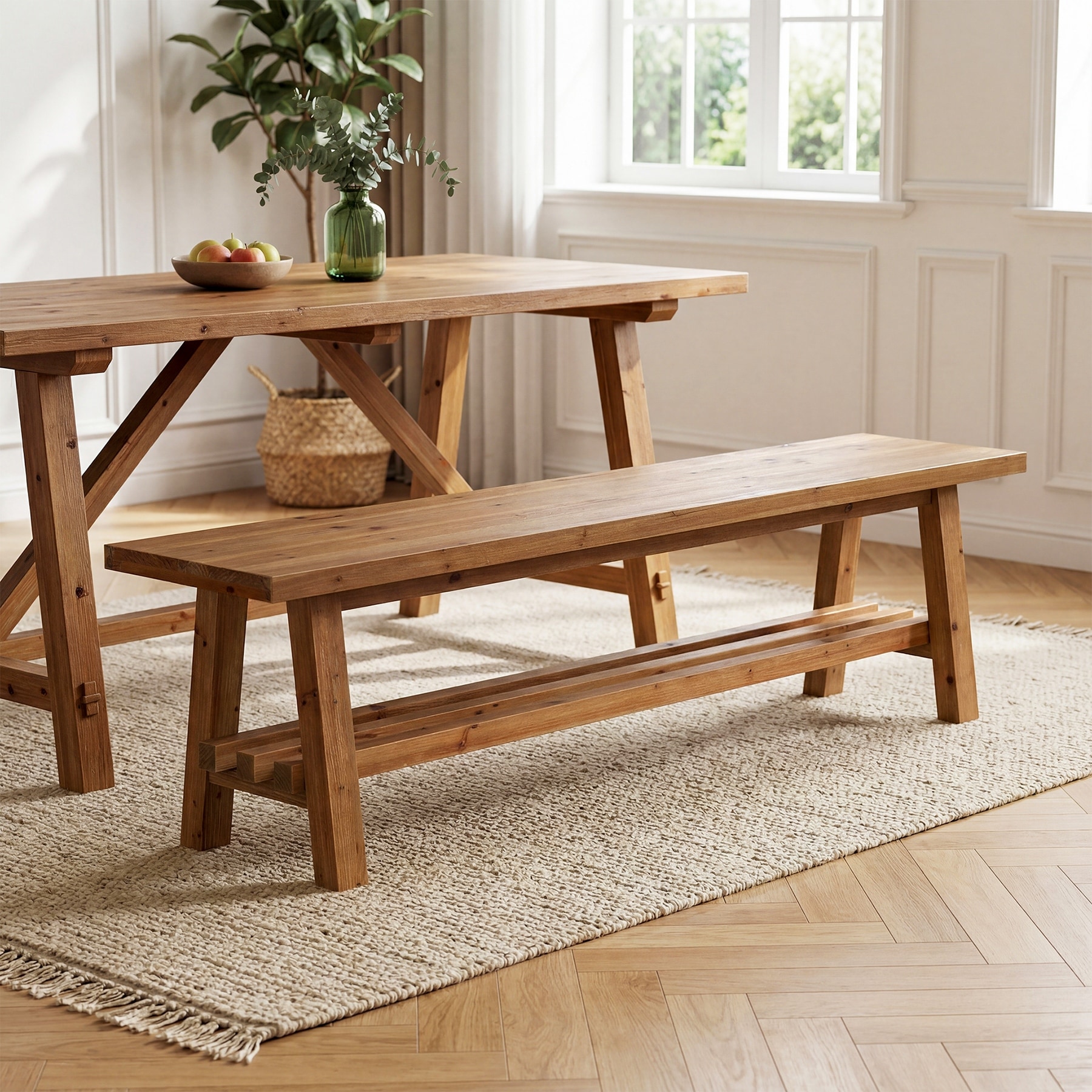 55" Solid Wood Bench, Kitchen Dining Bench, Indoor End of Bed Bench