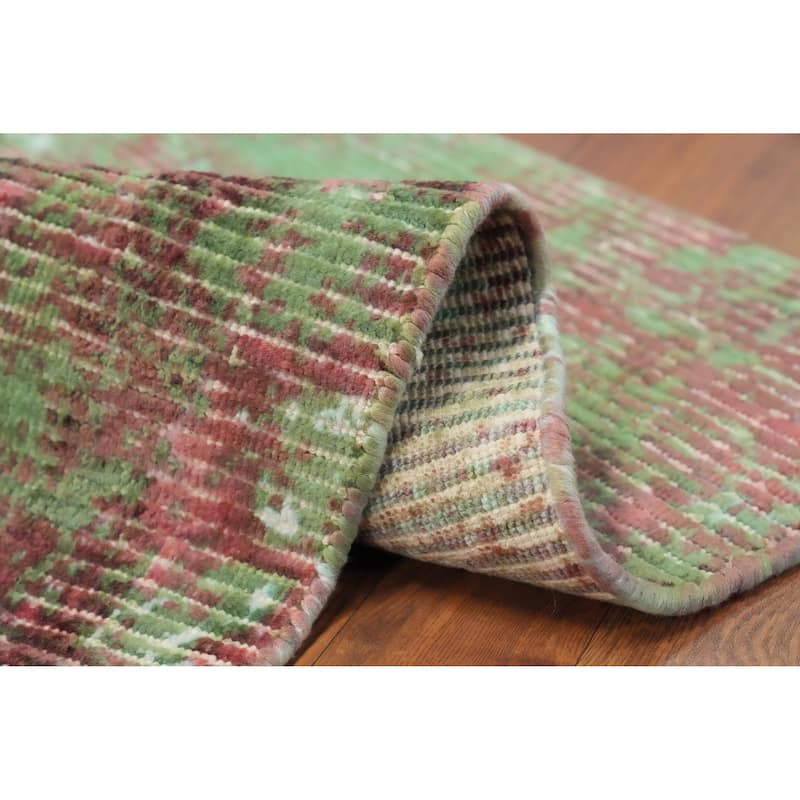 Hand Knotted Oriental Viscose Silk Carpet Modern All-Over Green Abstract Area Rug - 4' 0'' X 2' 0''