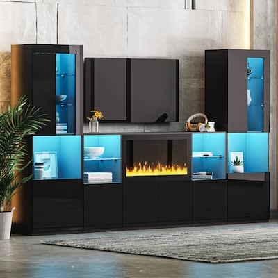 Roomfitters Modern TV Stand with Electric Fireplace, High Gloss Entertainment Center for TVs up to 75"