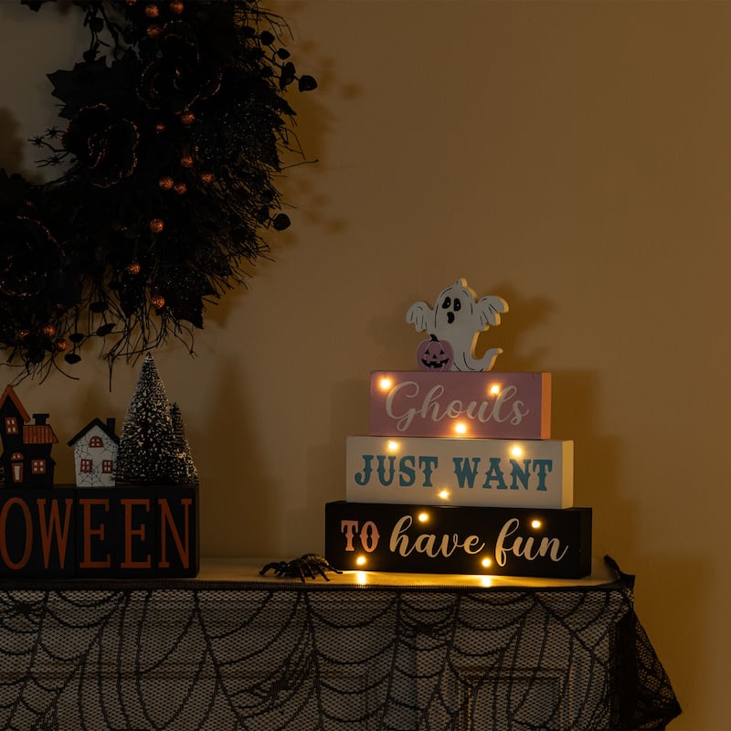 Glitzhome 11.75"H Halloween Wooden Lighted Witch Word Block Table Decor