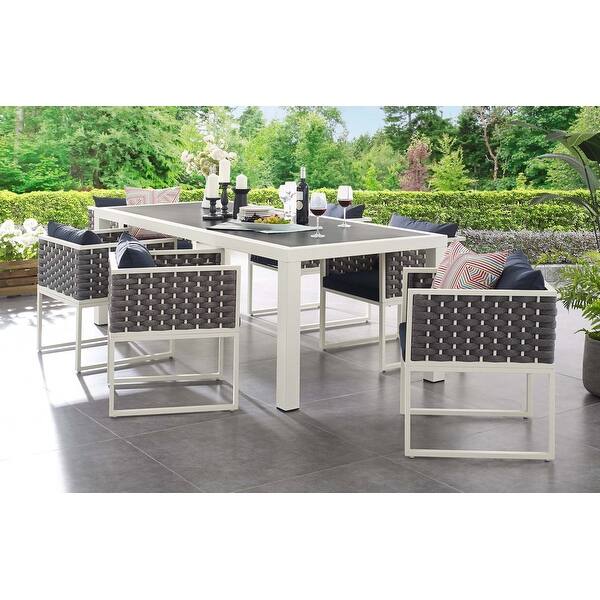Acampo Modern Grey and White Outdoor Dining Chairs with Blue Cushions