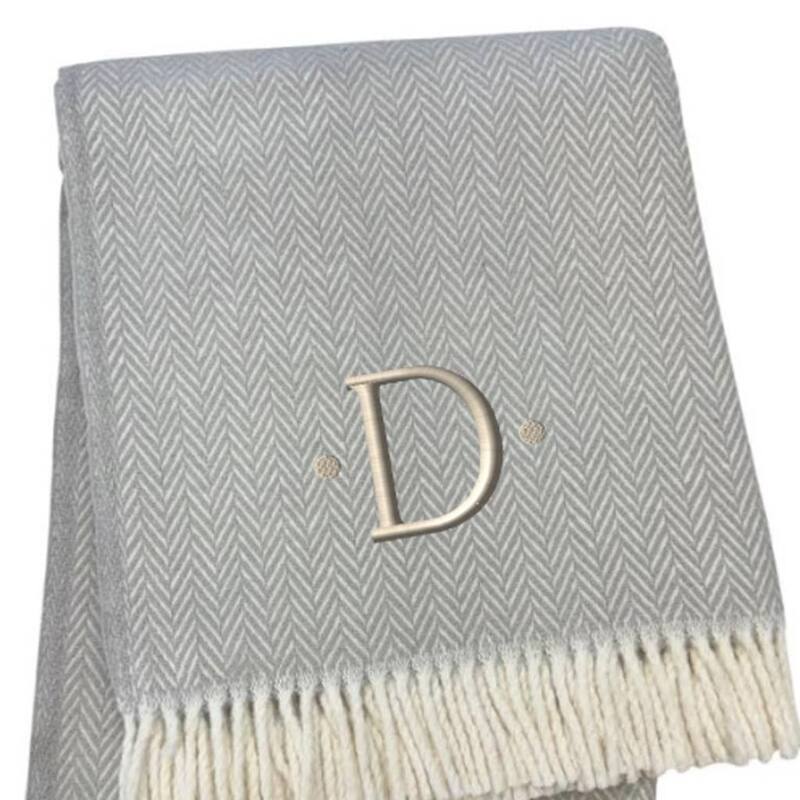 55" X 70" Gray And White Herringbone Cotton Blend A Initial Throw Blanket with Tassels And Embroidery