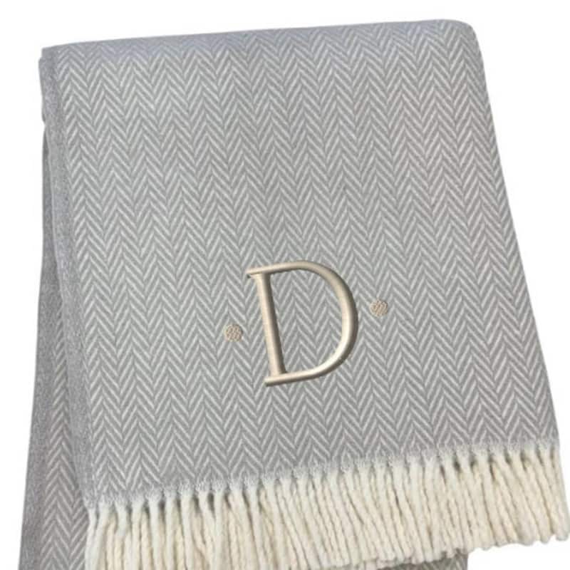 HomeRoots 55" X 70" Gray And White Herringbone Cotton Blend D Initial Throw Blanket with Tassels And Embroidery