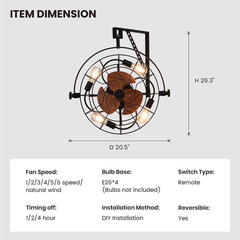 20" Fansconce Indoor/Outdoor Wall Mount Ceiling Fan with Lights and Remote, Industrial Ceiling Fan for Patio Garage