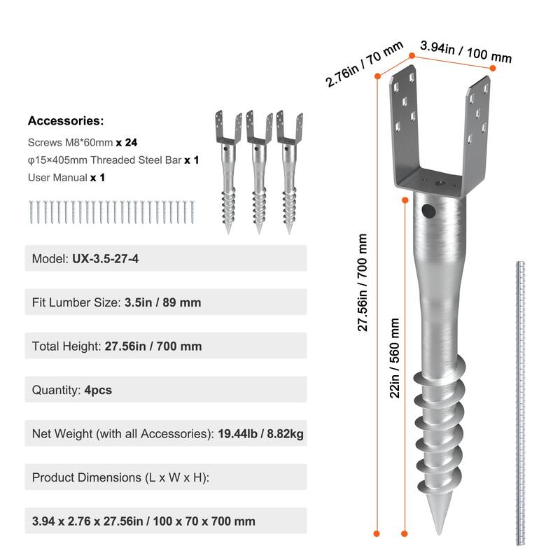 No Dig Ground Anchor, 3.94 x 2.76 x 27.56 in DIY Screw in Post Stake, Includes 6 Lag Bolts & a Rebar, U-Shape Steel Post Holder