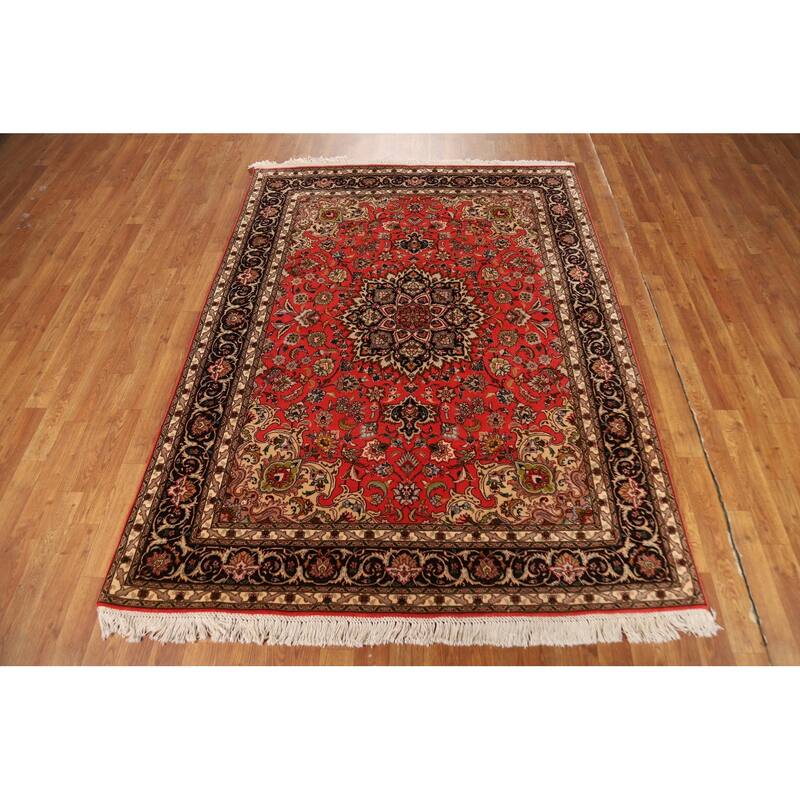 Hand-Knotted Red Floral Wool & Silk Tabriz Persian Rug - 5'1"x 6'9"