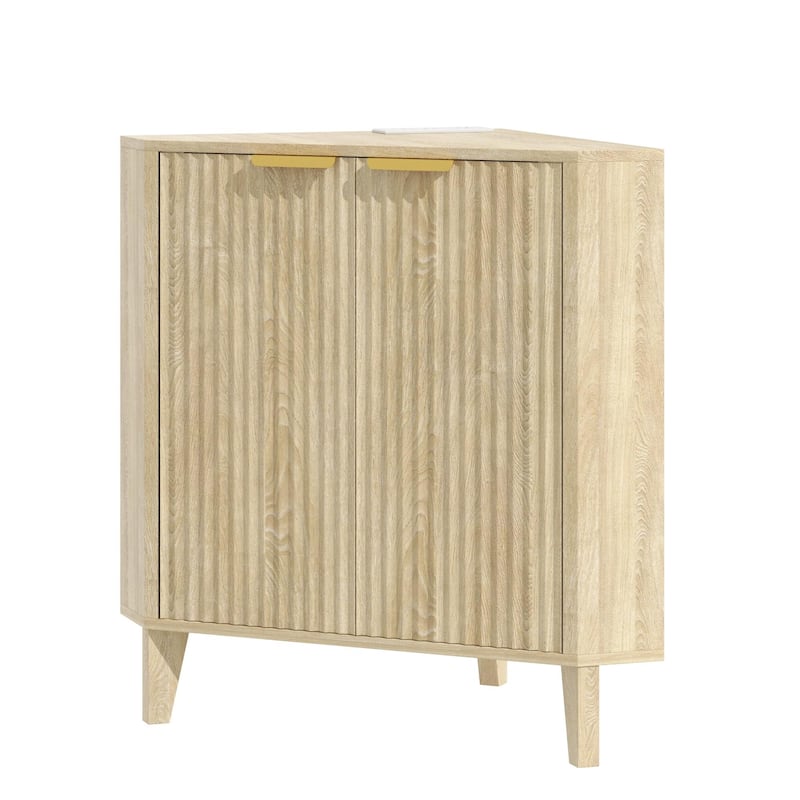 EROMMY Fluted Wood Corner Storage Cabinet with Power Strip, Adjustable Shelf, Small Space Corner Unit