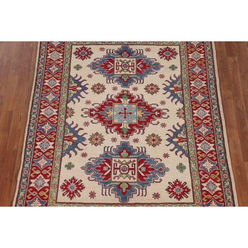 Ivory Kazak Oriental Area Rug Hand-Knotted Geometric Wool Carpet - 5'1" x 6'7"