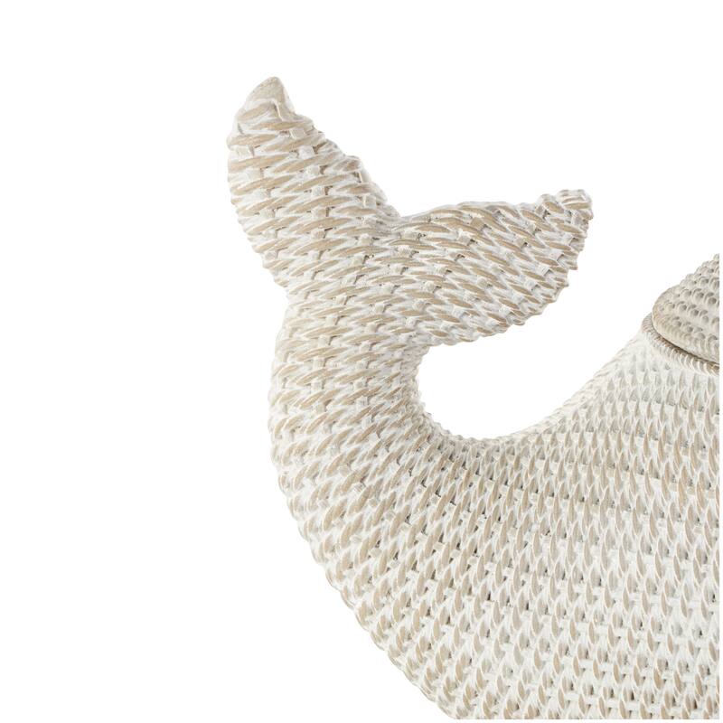 Cream Resin Woven Inspired Storage Whale Box with Clear Knob