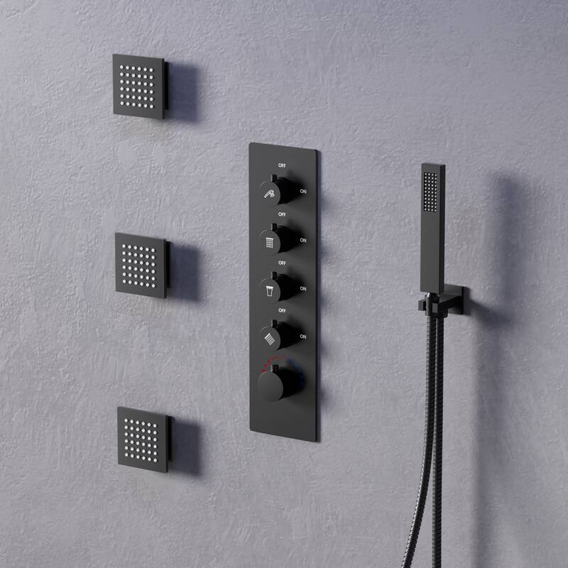 GRANDJOY Thermostatic Shower System 20" Ceiling Mount Shower Head Handheld Spray and Body Jets Combo LED Music