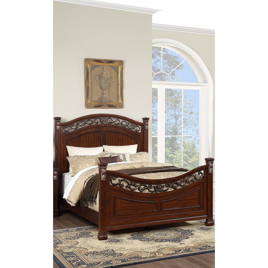 Traditional Style 1pc Bed Set Floral Design Bun Feet Carved Detail Dark Cherry Finish