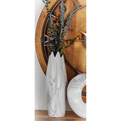 White Ceramic Marbled Decorative Vase with Angled Edge Opening