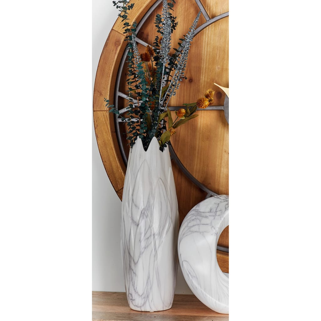 White Ceramic Marbled Decorative Vase with Angled Edge Opening