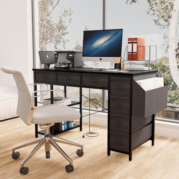 Computer Desk Writing Desk with Power Outlet 7 Drawers Vanity Table with Side Pocket Black