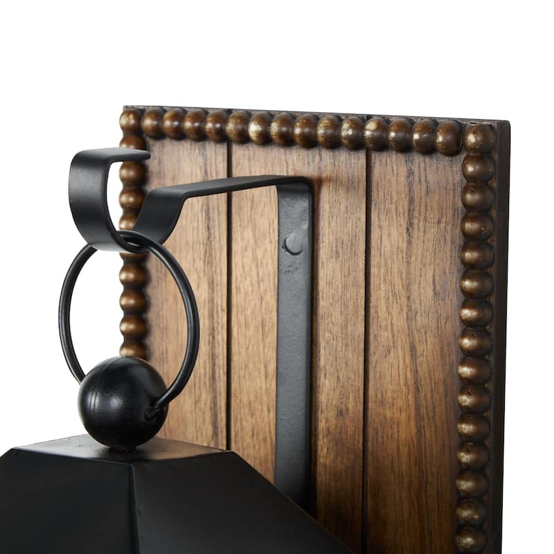 Metal Suspended Arched Cutout Wall Sconce with Brown Wood Backing and Beaded Edge - Black - Roche River Decor