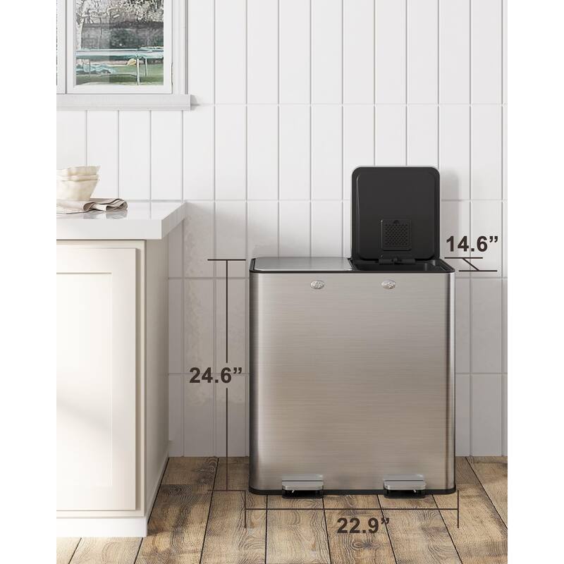 Large Dual Trash Can 2 x 8 Gallons- 60 Liters Stainless Steel Kitchen Double Trash Can