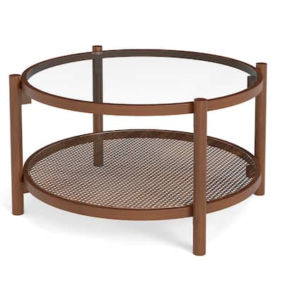 Costway Wooden 31" Round Coffee Table with Tempered Glass Top Handmade - Cherry+Transparent - See Details