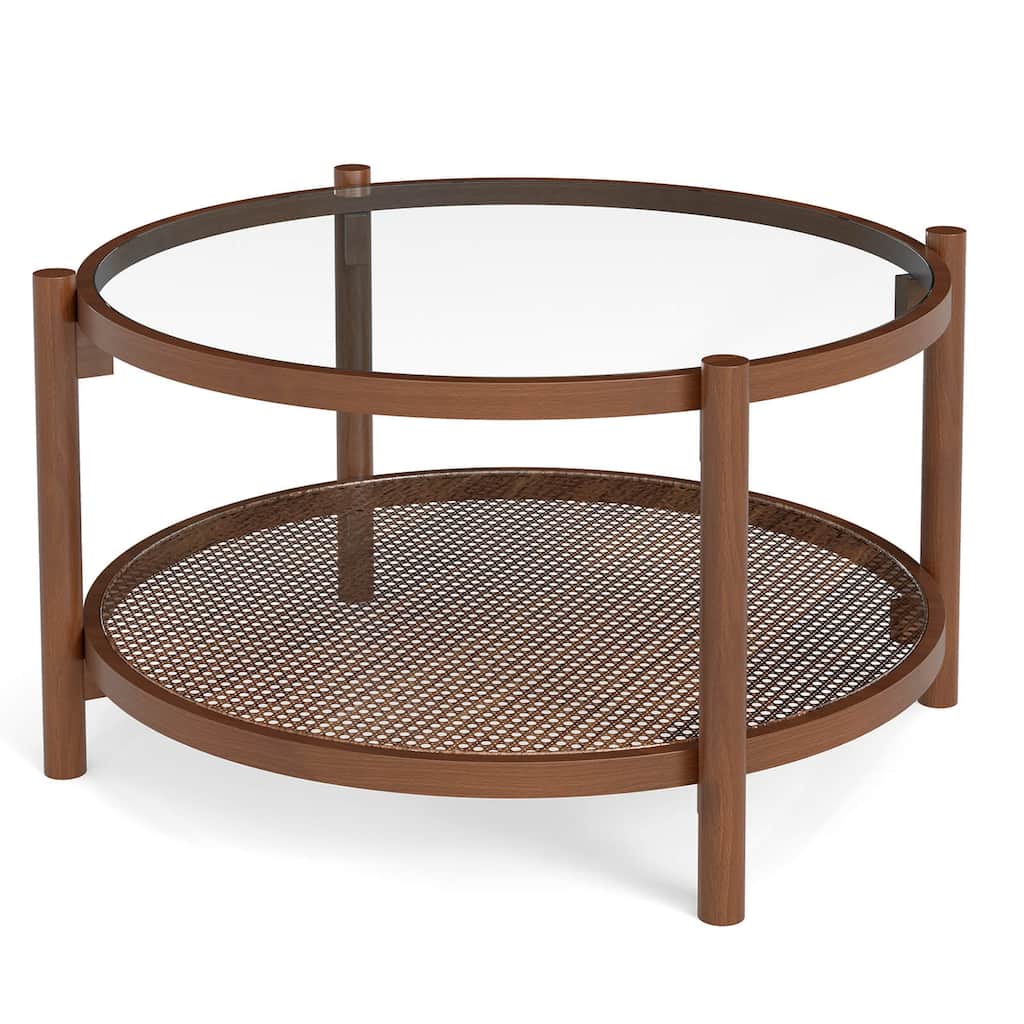 Costway Wooden 31" Round Coffee Table with Tempered Glass Top Handmade - Cherry+Transparent - See Details