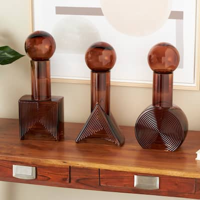 Brown Glas Ombre Geometric Living Room Decorative Jars with Textured Grooves and Round Orb Tops (Set of 3)