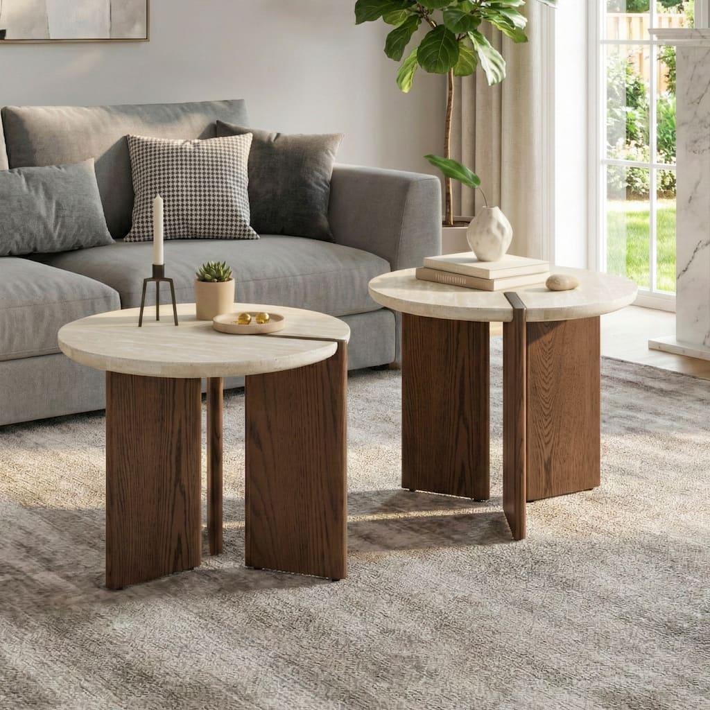 Furniture of America Elrik Modern Genuine Travertine Top 2-Piece Round End Table Set