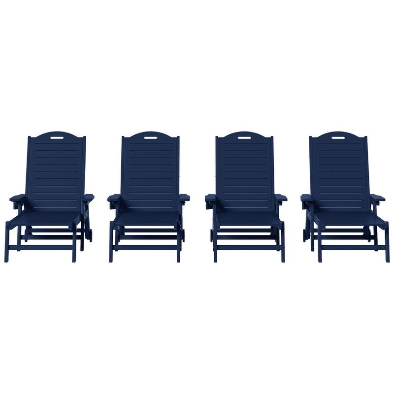 Brighton Outdoor Poly Reclining Chaise Lounge with Wheels & Cup Holder (Set of 4) - Navy Blue