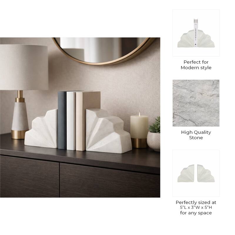 Marble Semi Circle Fluted Bookends Set of 2 - White, 5" - 5.25"
