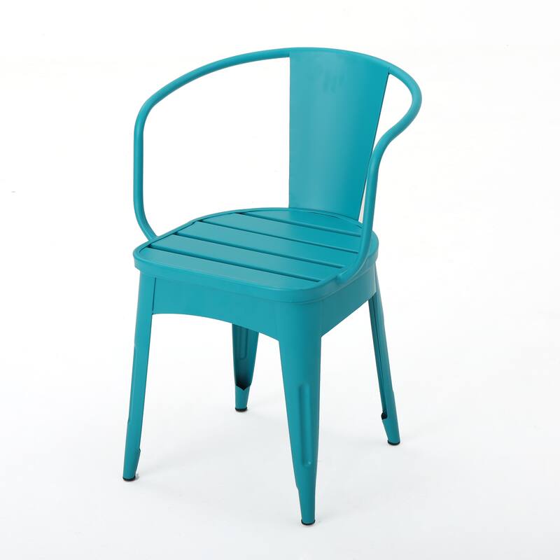 Modern 3-Piece Powder-Coated Iron Bistro Set with Round Slatted Table and Stackable Armchairs for Compact Outdoor Spaces