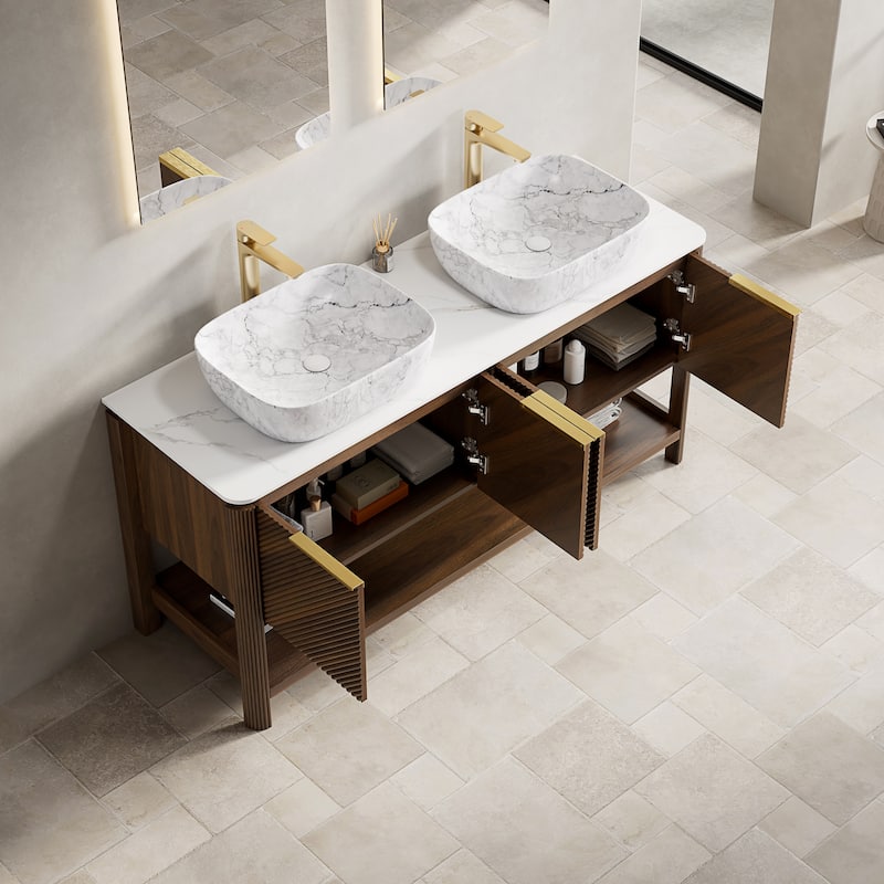 Freestanding Bathroom Vanity in Dark Walnut with Vessel Ceramic Basin