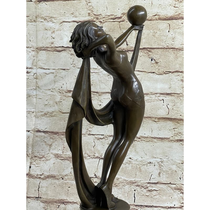 Art Deco Flapper Dancer Girl Holding Ball Bronze Statue Sculpture Figure