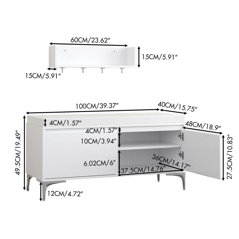 Anmytek White Storage Bench with Hooks Entryway Shoe Organizer and Living Room Seating