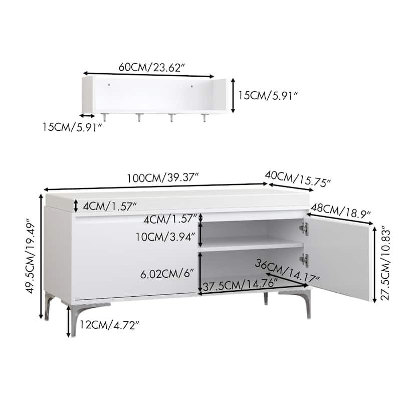 Wall-Mounted Entryway Shelf with Hooks and Shoe Storage Bench, Modern White Cabinet with Cushion for Hallway or Mudroom