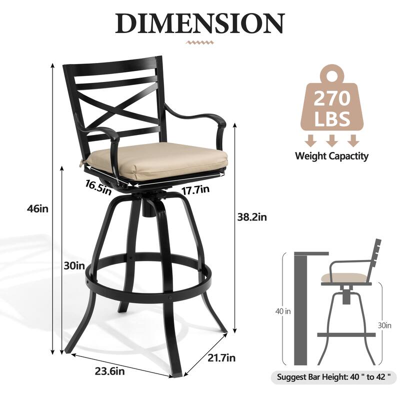 Outdoor Indoor Patio Bar Stools Aluminum Swivel Bar Chair with Sunbrella Cushion