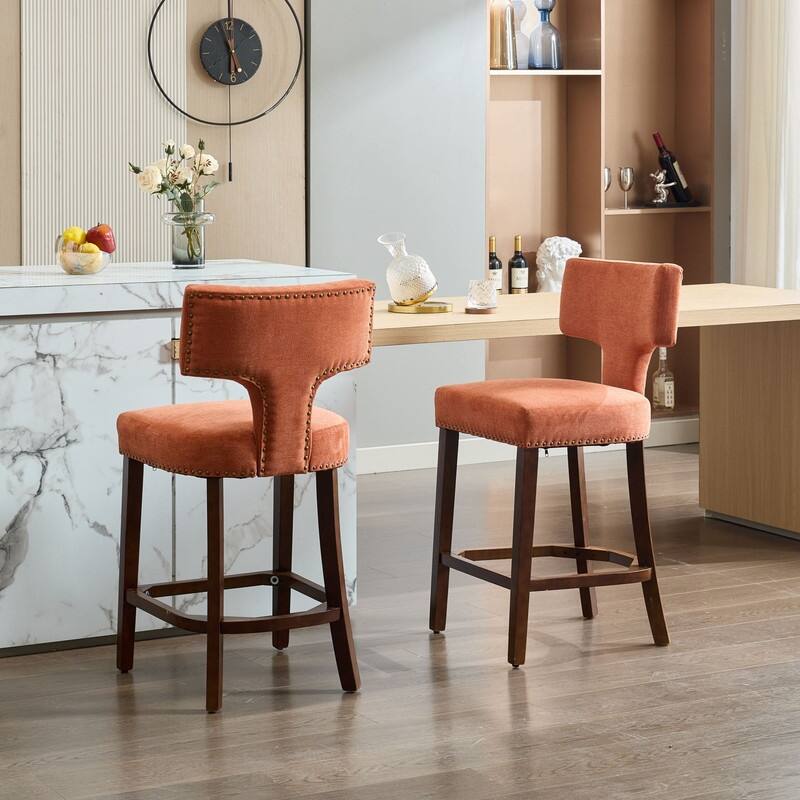 Counter Height Bar Stools Set of 2, Farmhouse Linen Fabric Upholstered Accent Chair Curved Backrest with Copper Nails around