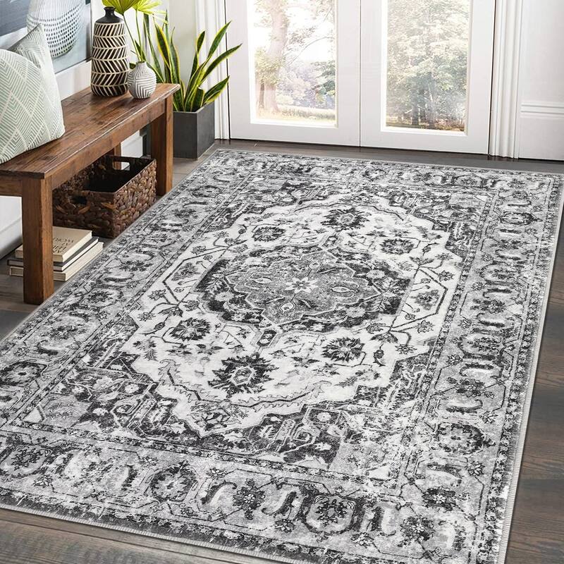 Vintage Medallion Area Rug Washable Rug Indoor Non-Slip Low Pile Throw Rug for Living Room Bedroom - 9'x12' - Gray