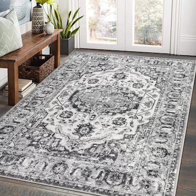 Vintage Medallion Area Rug Washable Rug Indoor Non-Slip Low Pile Throw Rug for Living Room Bedroom