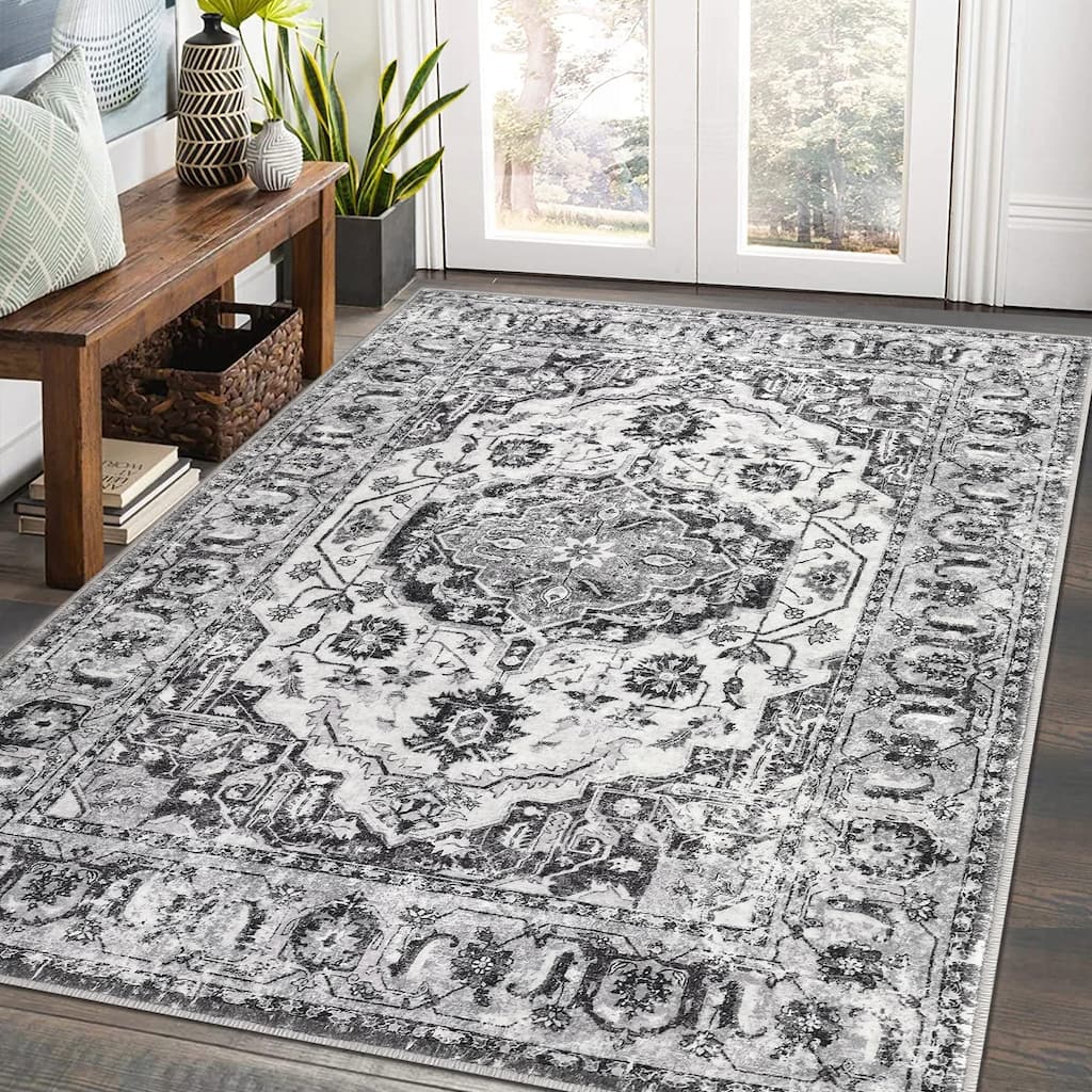 Vintage Medallion Area Rug Washable Rug Indoor Non-Slip Low Pile Throw Rug for Living Room Bedroom