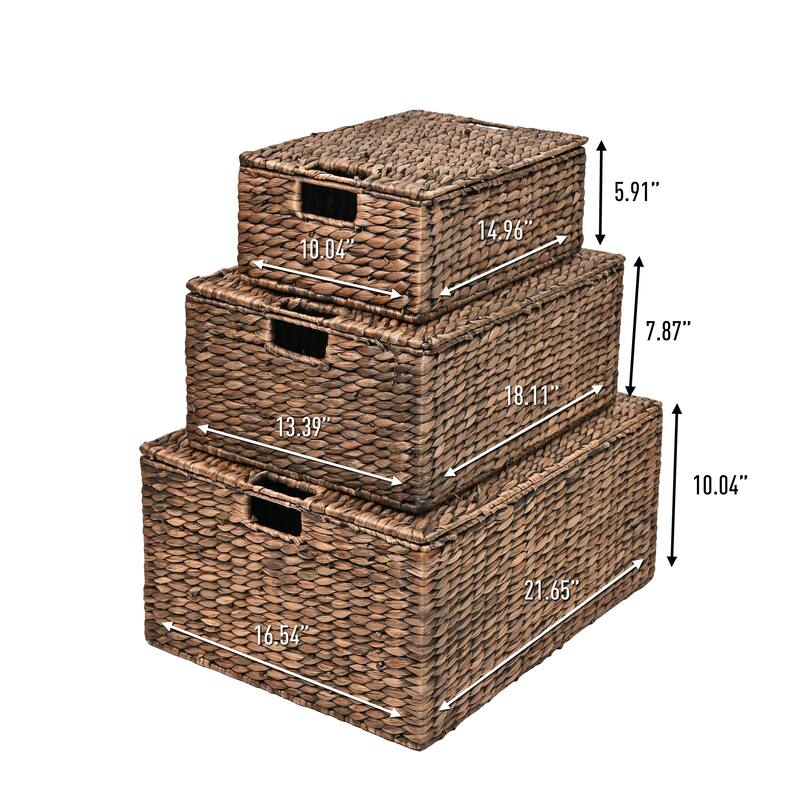 Woven Rectangular Storage Baskets with Lids & Handles (Set of 3)