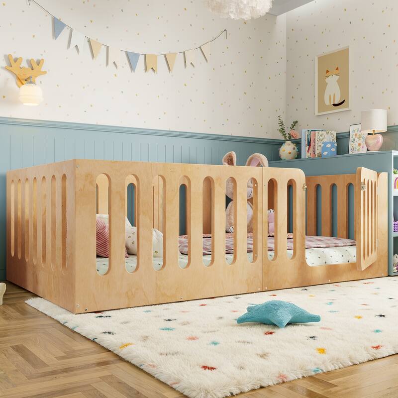 Toddlers Montessori Floor Bed with High Fence, Door, Low Profile Platform Bed Frame for Kids with No Box Spring Needed, No Slats