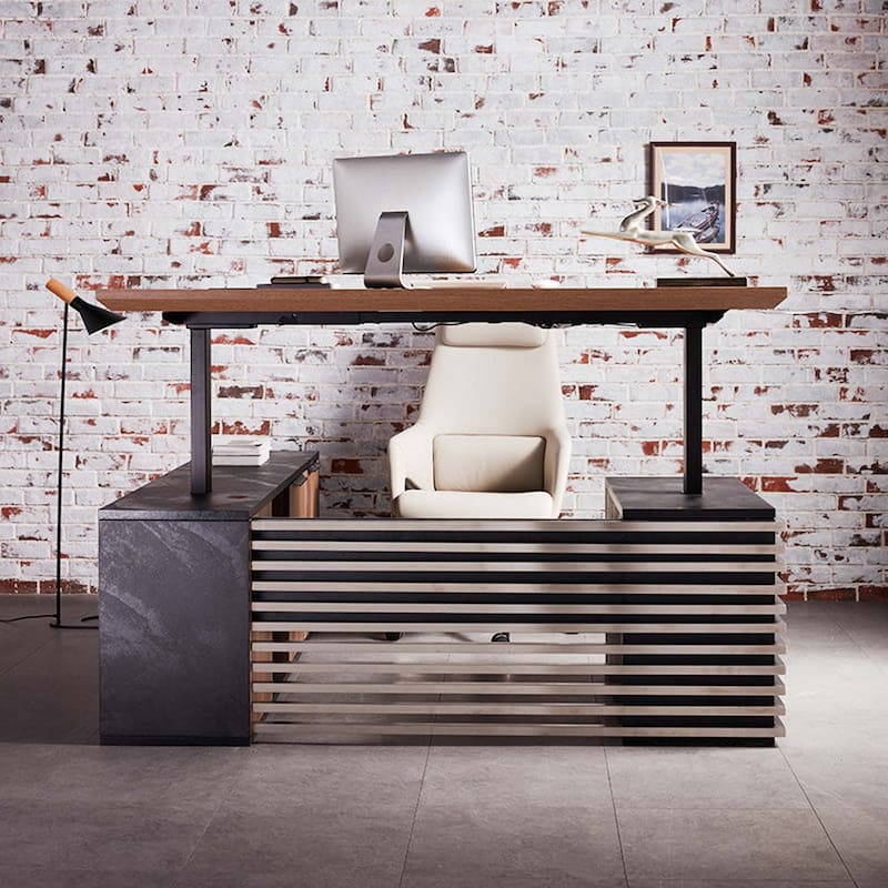 Adjustable L-Shaped Executive Desk with Outlets File Cabinets 3 Drawers Custom Size & Color