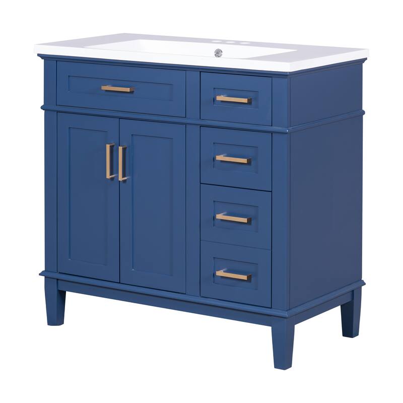 36 inch Solid Wood Bathroom Vanity with Ceramic Sink with Two Soft Close Doors and Four Drawers - 36''