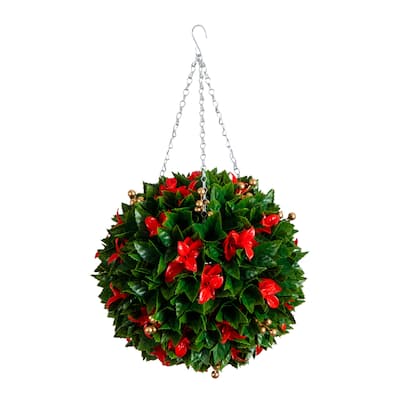 15-in UV Resistant Artificial Red Tip Photinia Christmas Hanging Ball