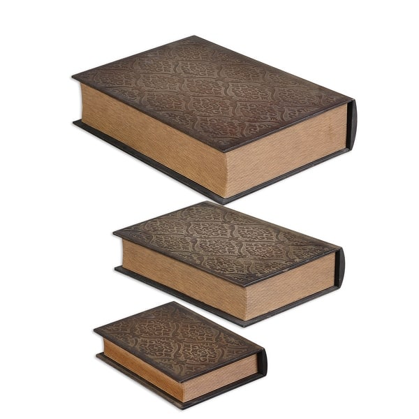 Shop Set Of 3 Aged Mahogany Gold Damask Book Decorative Lidded