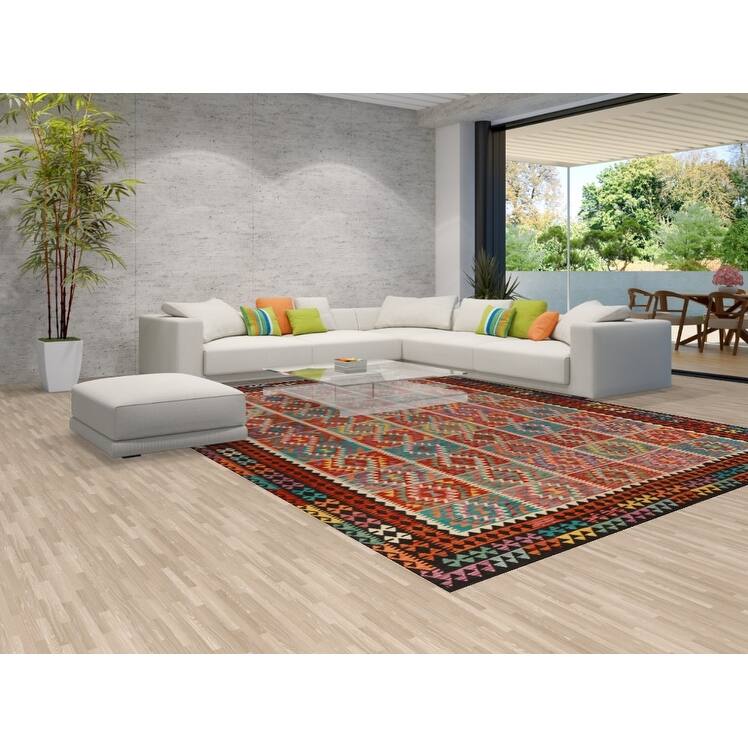 Multi-Color Kilim Oriental Area Rug Hand-Woven Geometric Wool Carpet - 10'1"x 13'1"