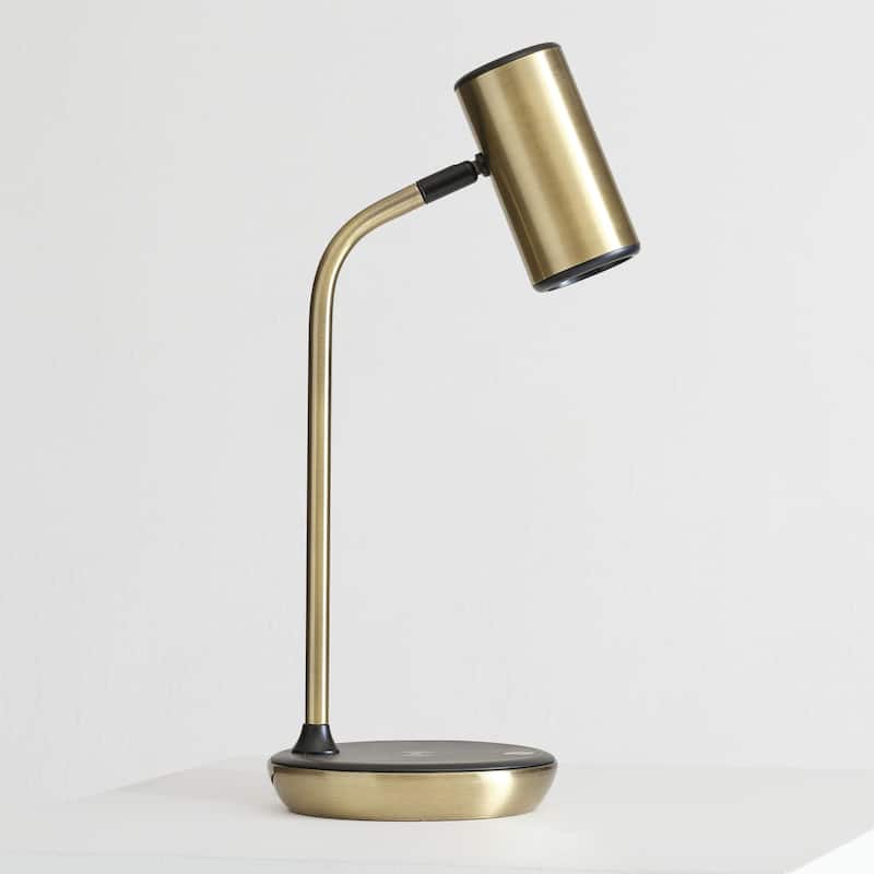 Brightech Ezra 16.5 in. Antique Brass Dimmable LED Industrial Desk Lamp with Wireless Charging Pad and Adjustable Lamp Head